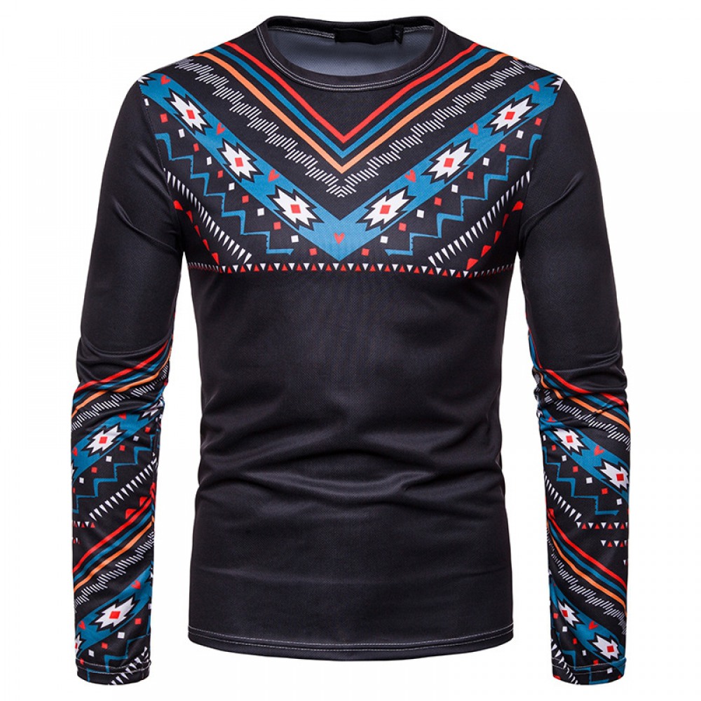 Men's Personality Clan Style Print Round Neck Long Sleeve T-Shirt