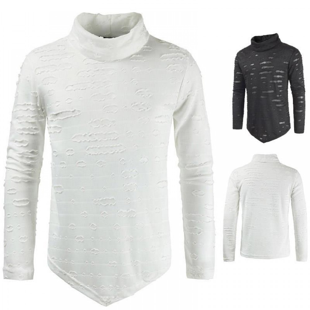 Personality Pile Collar Hip Hop Hole Inverted Triangle Dress Men's Casual Long-Sleeved T-Shirt