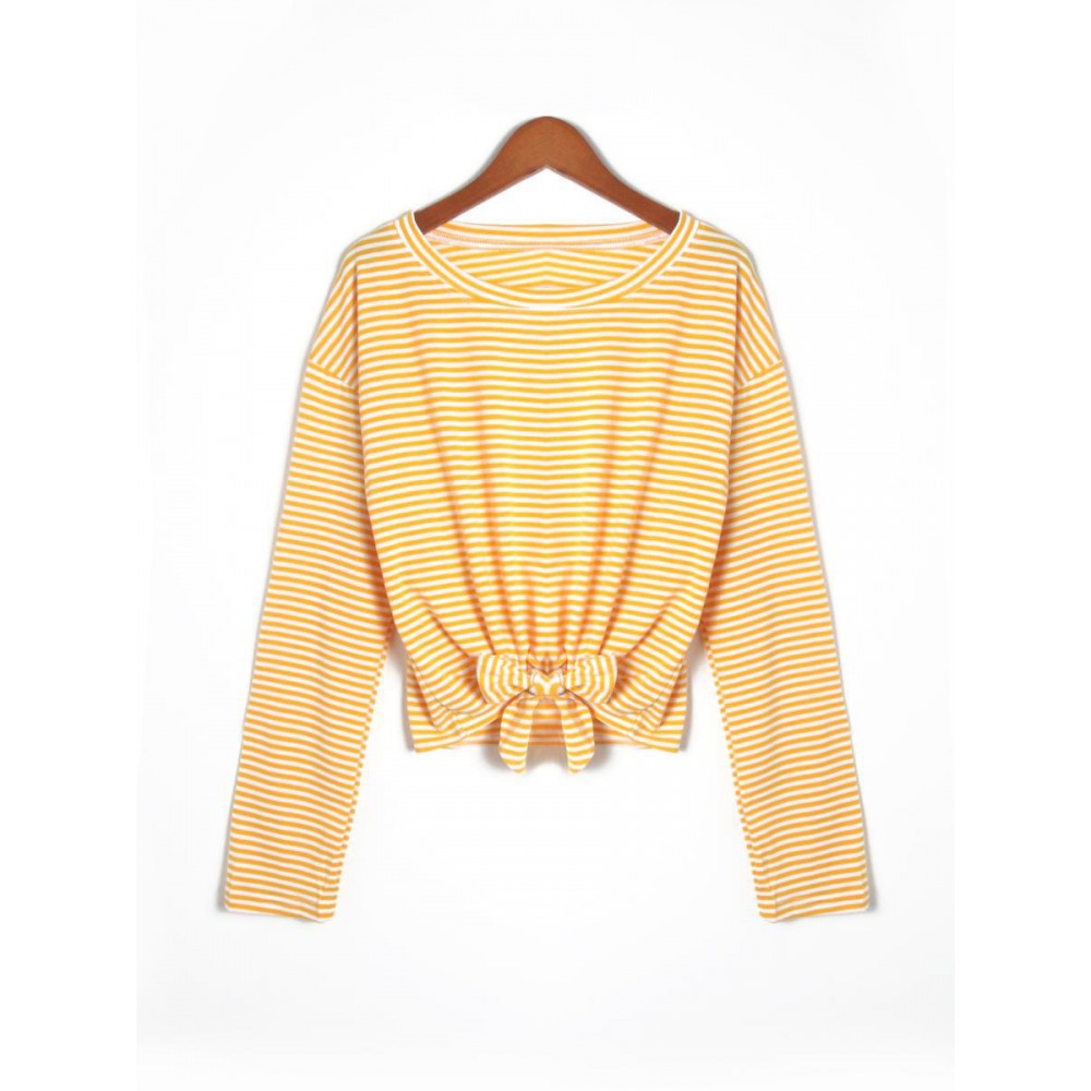 All-Match Loose Round Neck Striped Tie Long Sleeve T-Shirt